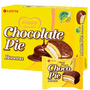 [롯데] 바나나맛 초코파이 336g / [LOTTE] Choco Pie Banane, zwei kleine runde Kuchen-Schichten mit Marshmallow-Füllung und Schokoladenüberzug(Banane) 336g