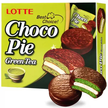 [롯데] 녹차맛 초코파이 336g / [LOTTE] Choco Pie, Grüntee, zwei kleine runde Kuchen-Schichten mit Marshmallow-Füllung und Schokoladenüberzug 336g